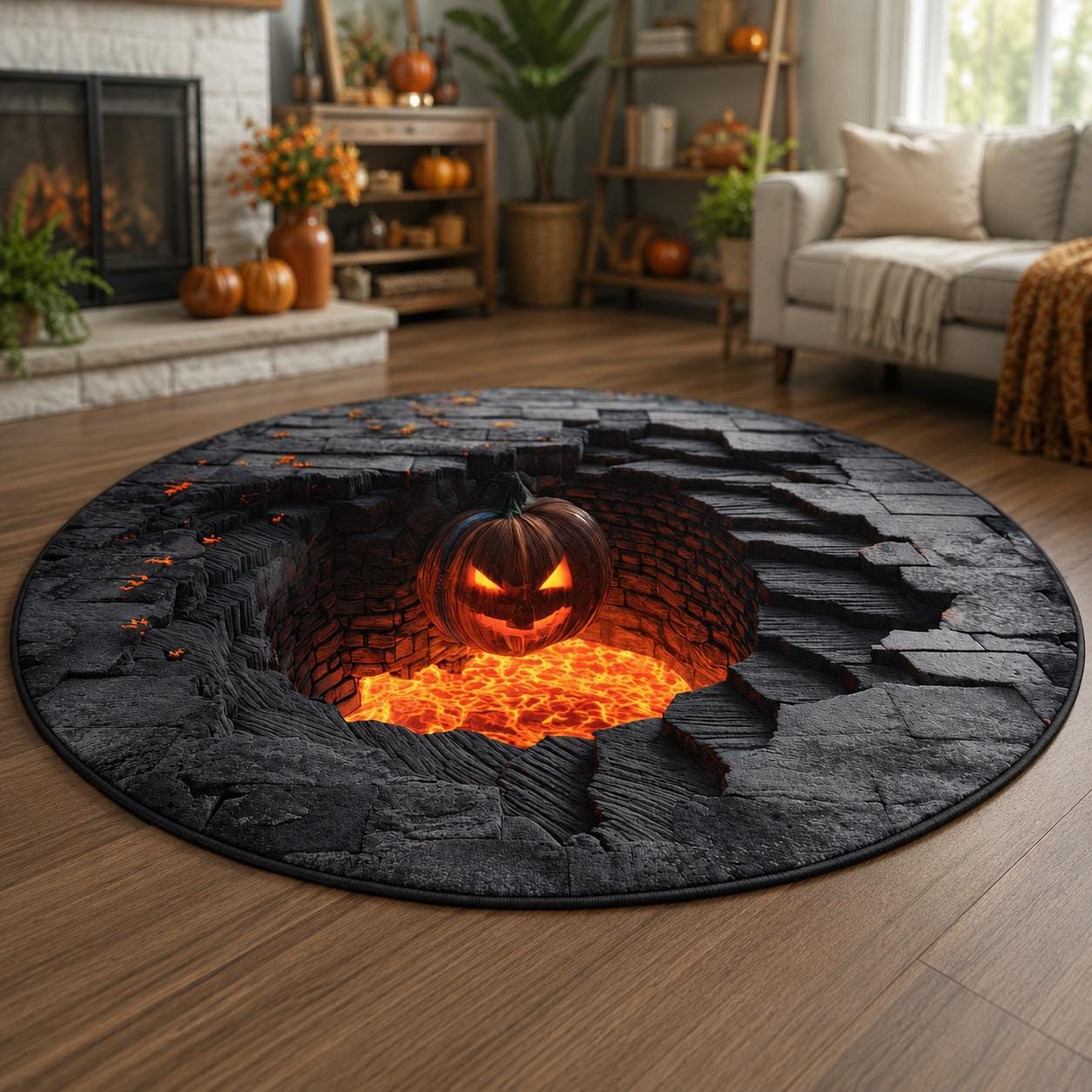 Halloween Pumpkin Pit 3D Illusion Rug, Jack O Lantern Lava Round Rug, Spooky Floor Mat, Haunted House Decor, Gothic Halloween Area Rug
