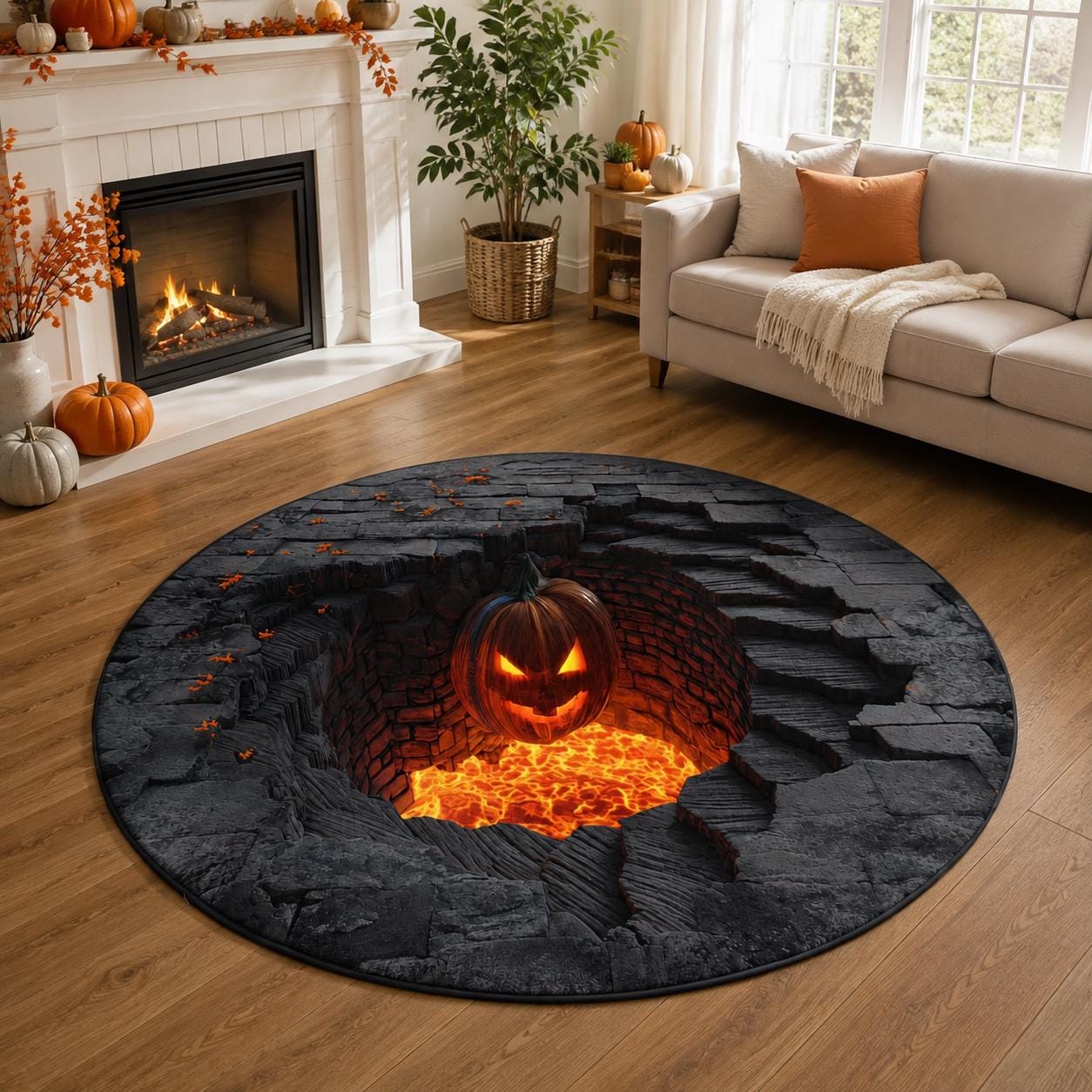 Halloween Pumpkin Pit 3D Illusion Rug, Jack O Lantern Lava Round Rug, Spooky Floor Mat, Haunted House Decor, Gothic Halloween Area Rug