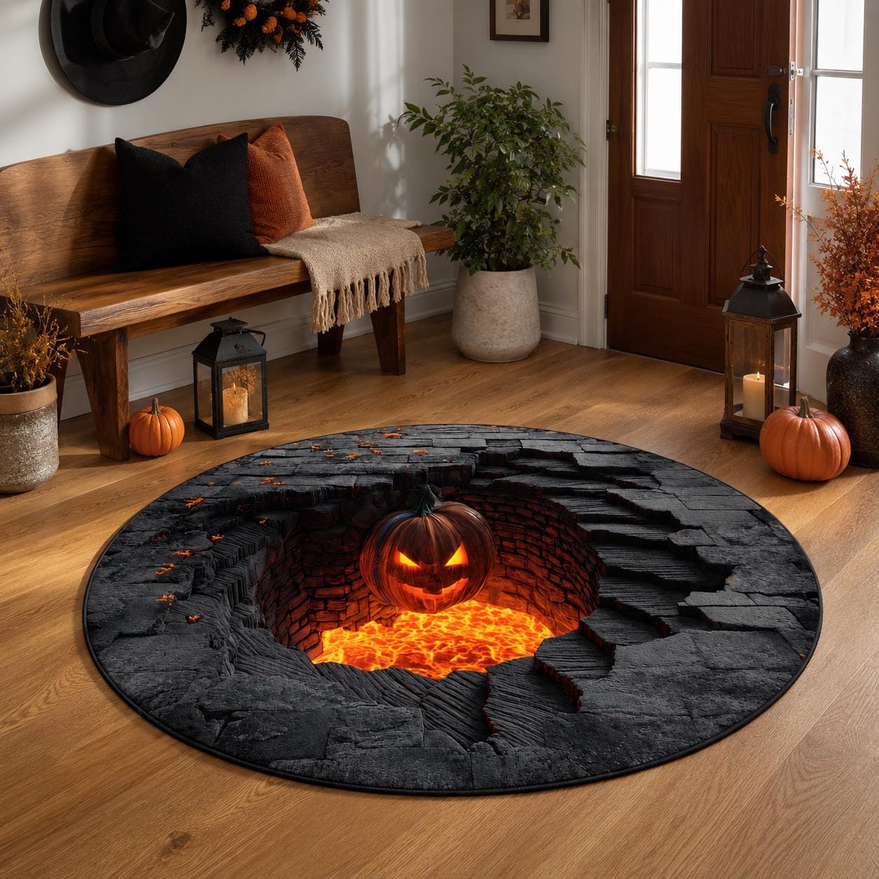 Halloween Pumpkin Pit 3D Illusion Rug, Jack O Lantern Lava Round Rug, Spooky Floor Mat, Haunted House Decor, Gothic Halloween Area Rug