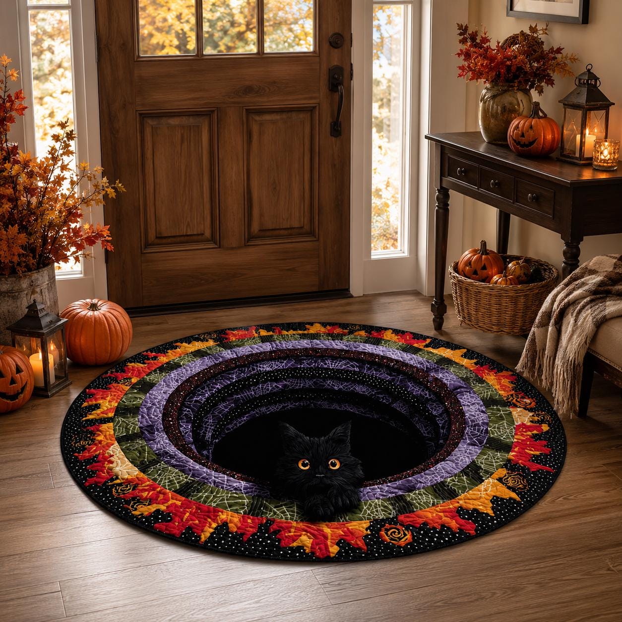 Black Cat 3D Illusion Rug, Halloween Round Area Carpet, Spooky Cat Portal Floor Mat, Witchy Gothic Home Decor