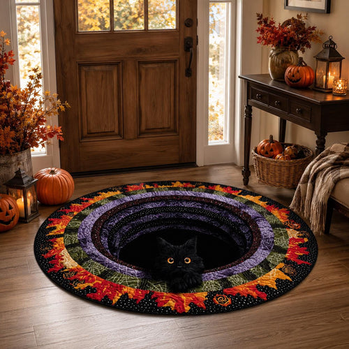 Black Cat 3D Illusion Rug, Halloween Round Area Carpet, Spooky Cat Portal Floor Mat, Witchy Gothic Home Decor