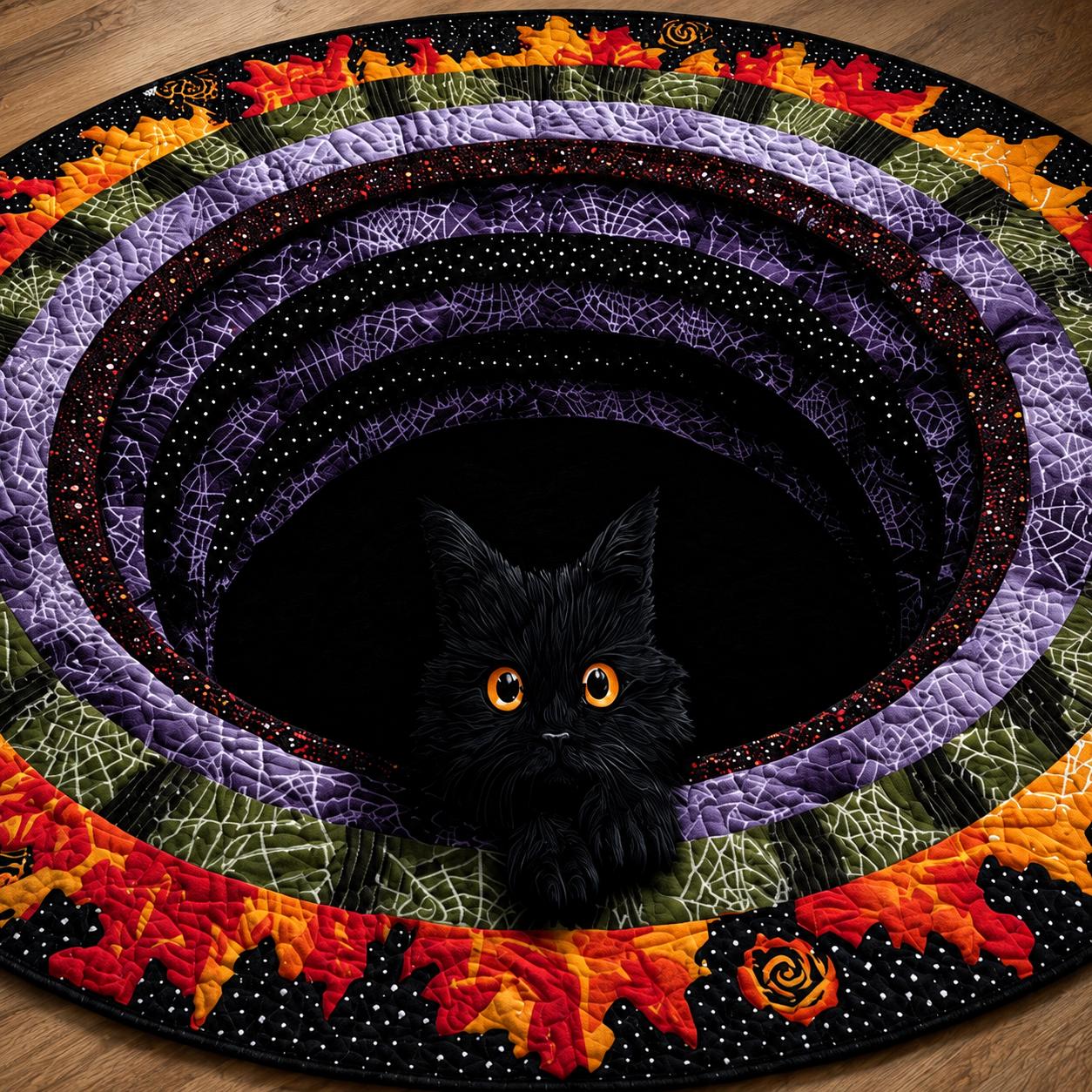Black Cat 3D Illusion Rug, Halloween Round Area Carpet, Spooky Cat Portal Floor Mat, Witchy Gothic Home Decor