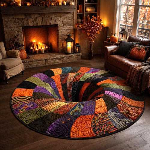 Patchwork 3D Illusion Rug, Halloween Round Area Rug, Spiral Pit Floor Mat, Colorful Quilt Style Rug, Spooky Fall Home Decor