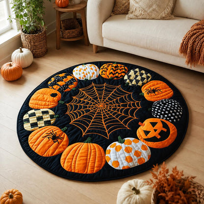 Halloween Pumpkin Round Rug, Spider Web Area Rug, Quilt Style Fall Floor Mat, Jack O Lantern Spooky Home Decor, Black Orange Carpet
