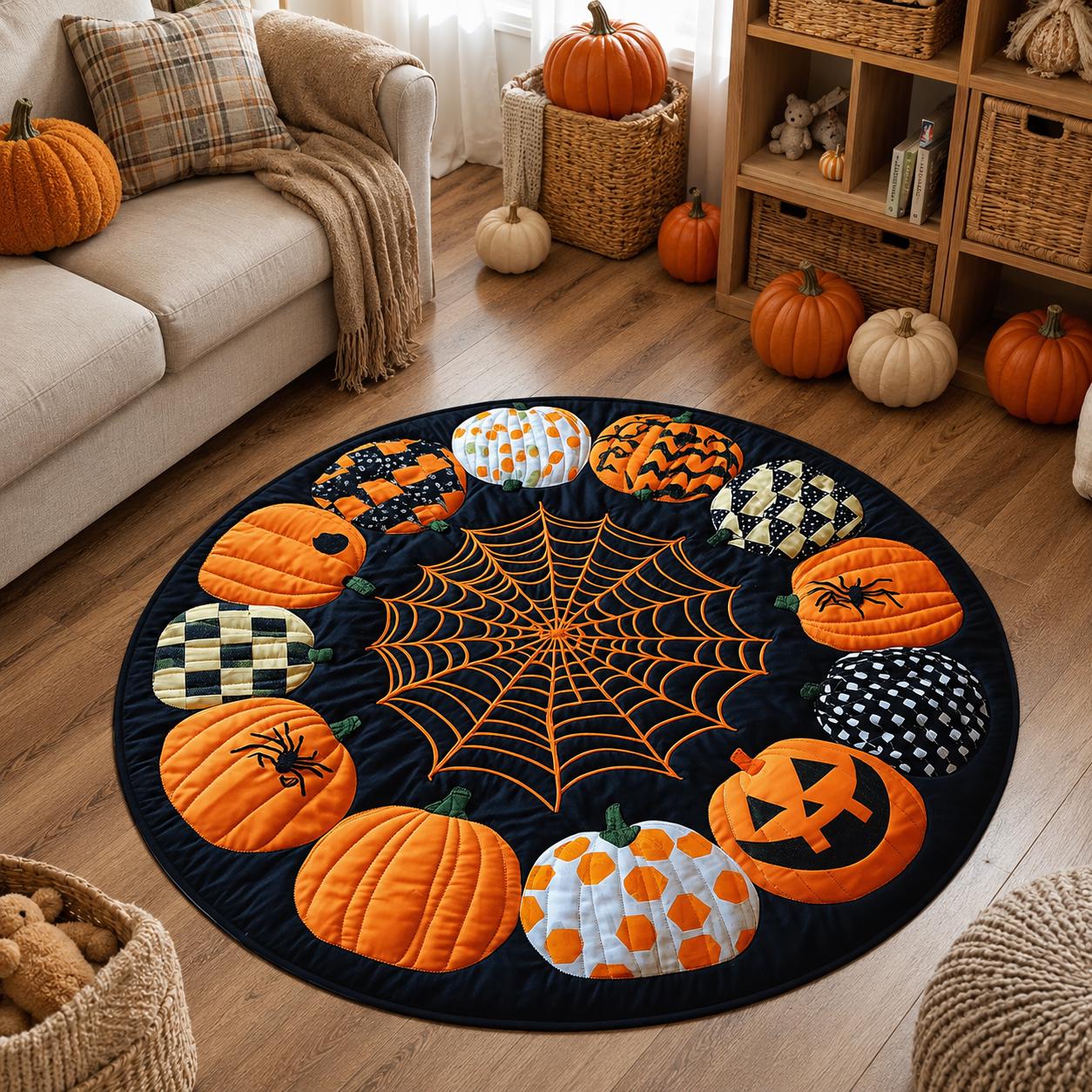 Halloween Pumpkin Round Rug, Spider Web Area Rug, Quilt Style Fall Floor Mat, Jack O Lantern Spooky Home Decor, Black Orange Carpet