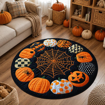 Halloween Pumpkin Round Rug, Spider Web Area Rug, Quilt Style Fall Floor Mat, Jack O Lantern Spooky Home Decor, Black Orange Carpet