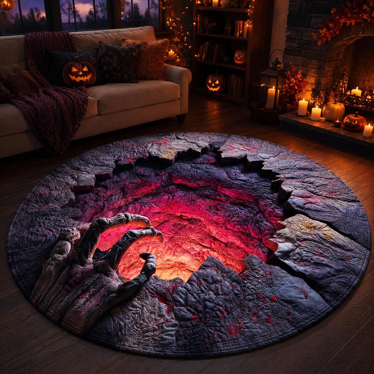 Creepy Skeleton Hand 3D Illusion Rug, Halloween Round Area Rug, Glowing Horror Pit Floor Mat, Gothic Haunted House Decor, Spooky Carpet