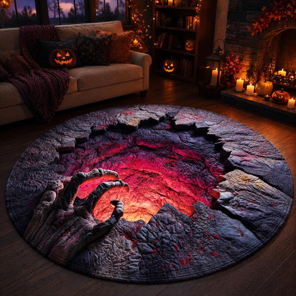 Creepy Skeleton Hand 3D Illusion Rug, Halloween Round Area Rug, Glowing Horror Pit Floor Mat, Gothic Haunted House Decor, Spooky Carpet