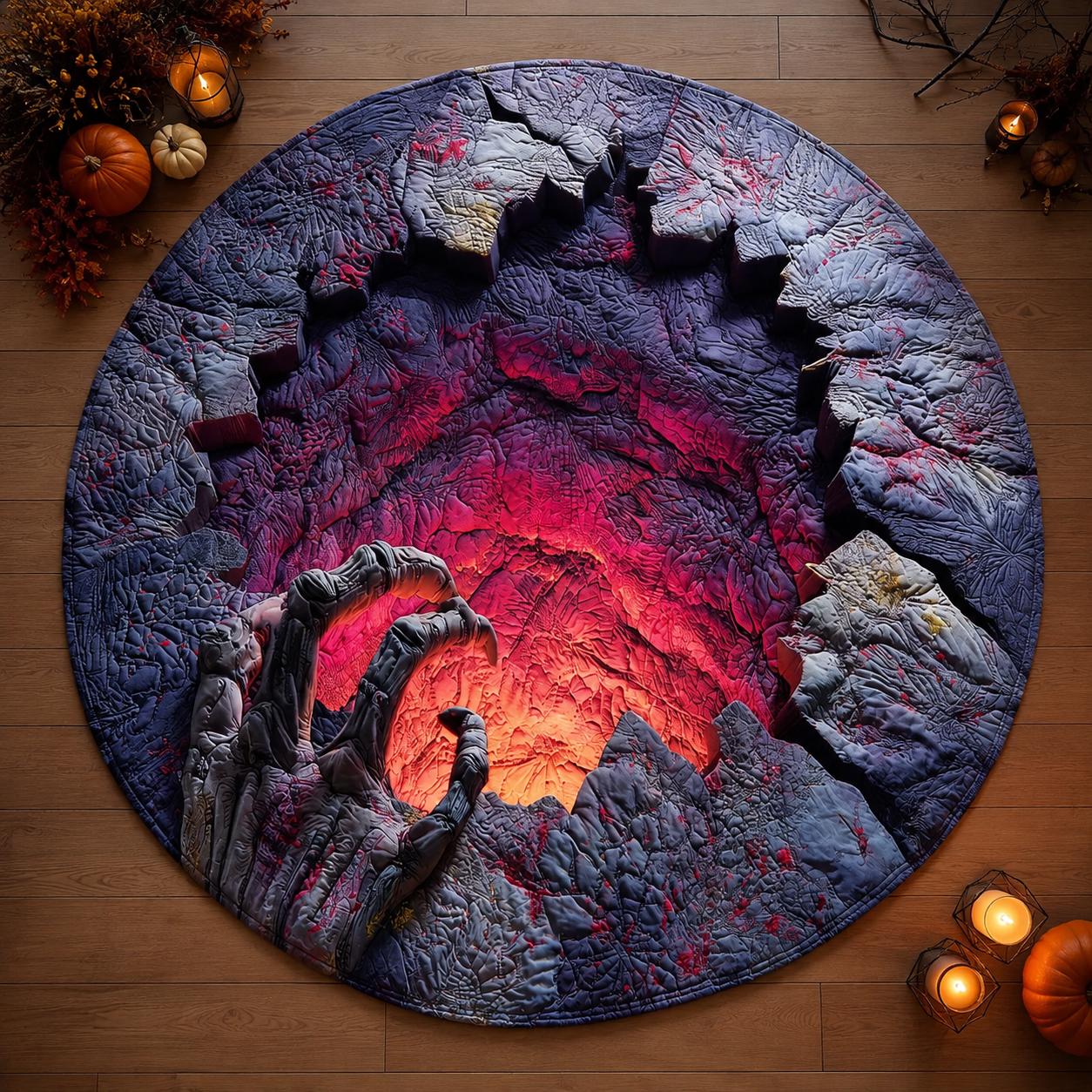 Creepy Skeleton Hand 3D Illusion Rug, Halloween Round Area Rug, Glowing Horror Pit Floor Mat, Gothic Haunted House Decor, Spooky Carpet