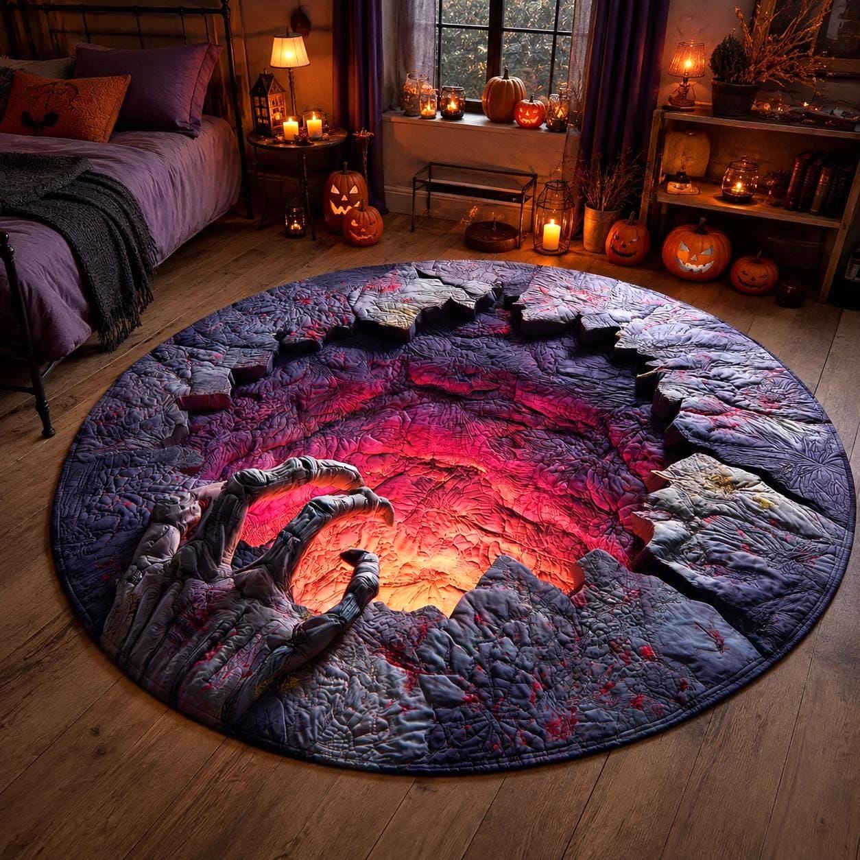 Creepy Skeleton Hand 3D Illusion Rug, Halloween Round Area Rug, Glowing Horror Pit Floor Mat, Gothic Haunted House Decor, Spooky Carpet