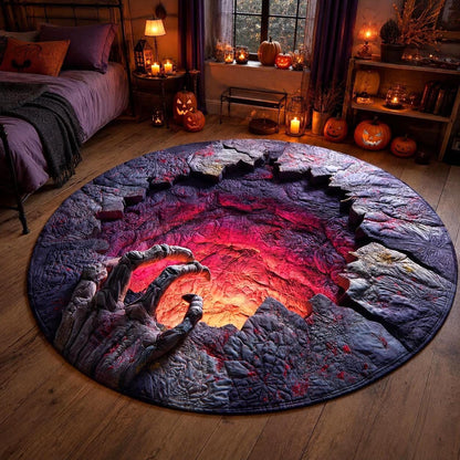 Creepy Skeleton Hand 3D Illusion Rug, Halloween Round Area Rug, Glowing Horror Pit Floor Mat, Gothic Haunted House Decor, Spooky Carpet